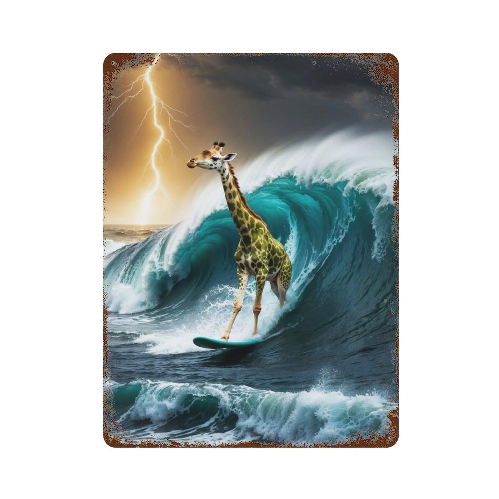 Surfing Giraffe in A Storm Rustic Tin Plaque 15.7"x11.8", Ideal for Shed, Workshop And Garage Wall Decor