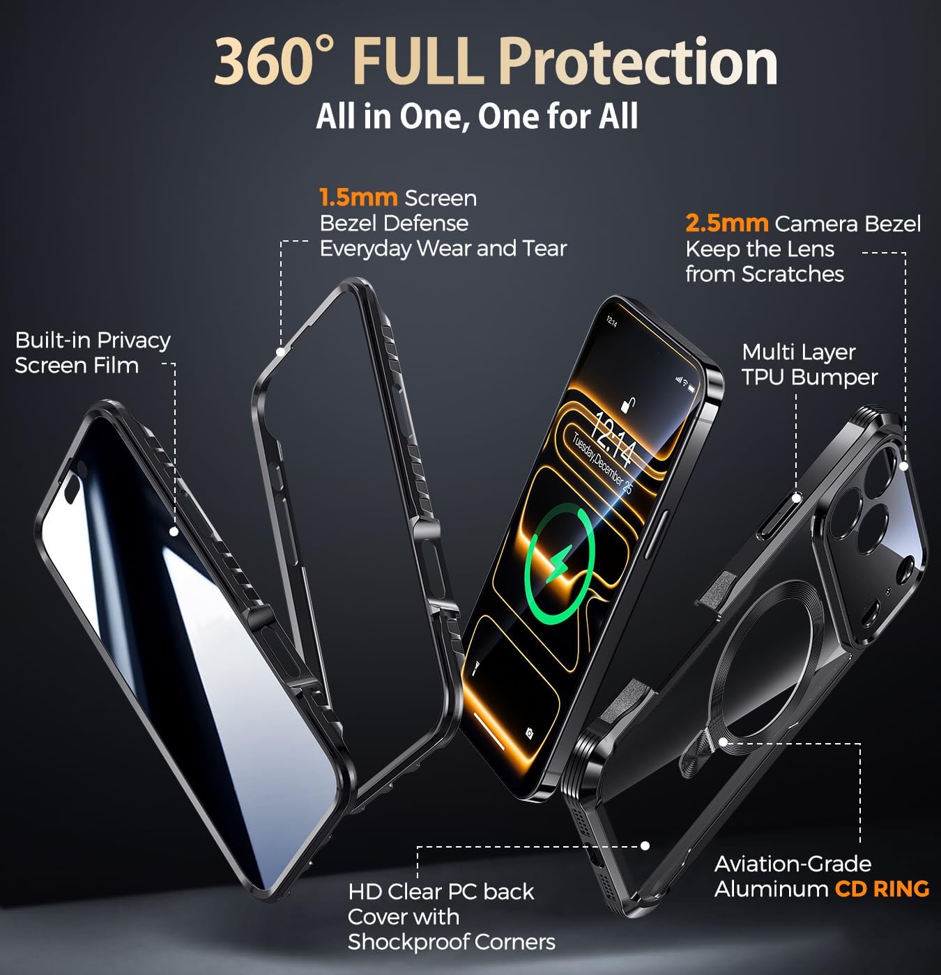 Reukdnv [Built-in Privacy Screen Protector & Invisible Ring Stand] Privacy Case for iPhone 17 Pro Max 6.9'' [Soft Bumper Full Signal] [Compatible with MagSafe] Full-Body Shockproof Clear Case, Black - Image 7