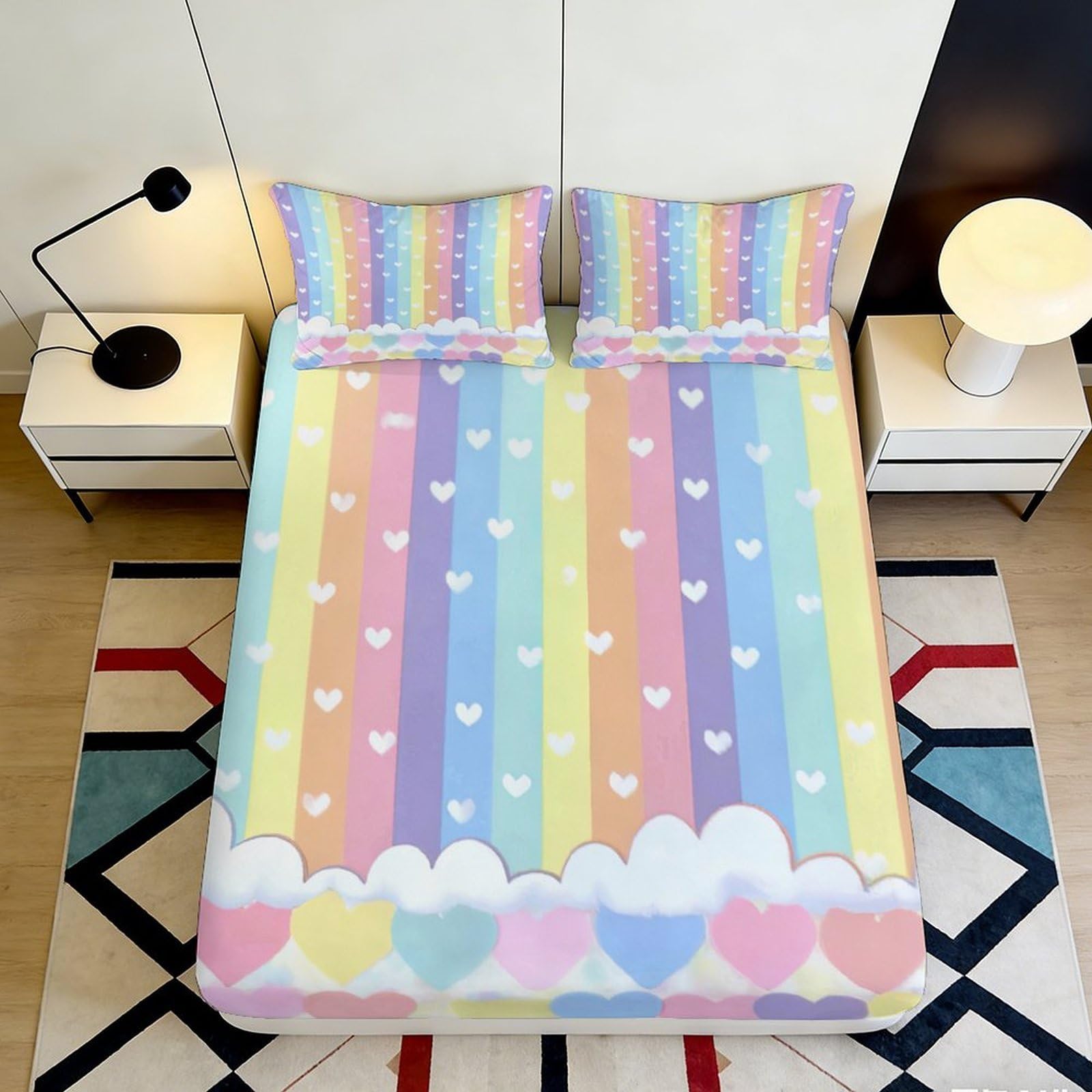 3D Printed Rainbow Clouds Fitted Sheet Microfiber Soft Pastel Hearts Bed Cover for Bedroom Guest Room Dorm Decor 90x200x25cm