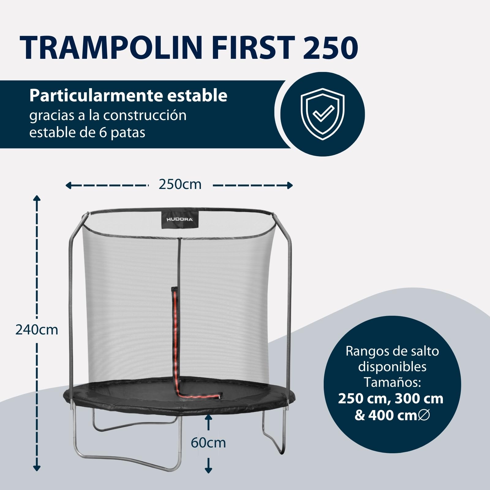 HUDORA Trampolin First Diferentes tamaños - Trampolín para Exteriores con Cubierta de Borde Resistente a Rayos UV y Red de Seguridad - Trampolín de jardín para niños y Adultos