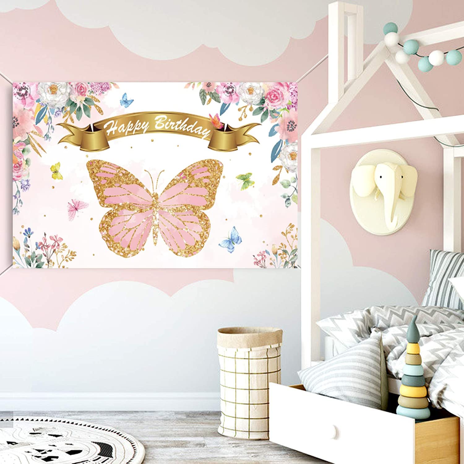 Schmetterling Geburtstags-Banner 150x100 Cm – Rosa-lila, Für Mädchen-Partys & Fotohintergrund