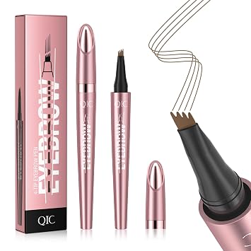 QIC 4-Tip Microblading Eyebrow Pen, Waterproof Brow Marker for Natural Hair-Like Strokes, Quick-Dry Smudge-Resistant, Light Brown