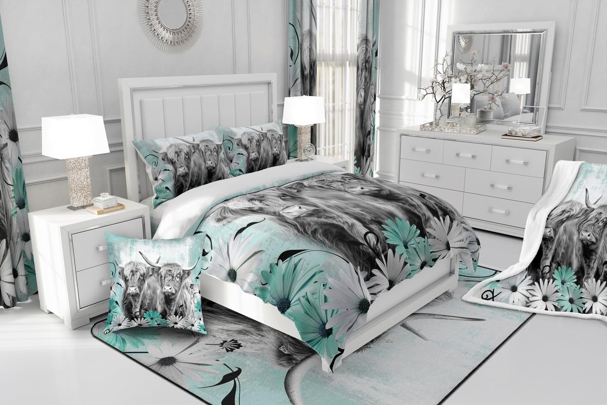 Erosebridal Highland Cow Print Curtains,Teal Western Longhorn Bull 30%-50% Blackout Curtains,Farmhouse Flower Daisy Decor for Living Room,Rustic Farm Cowboy Window Treatments 2 Panels,52 x 63 Inch