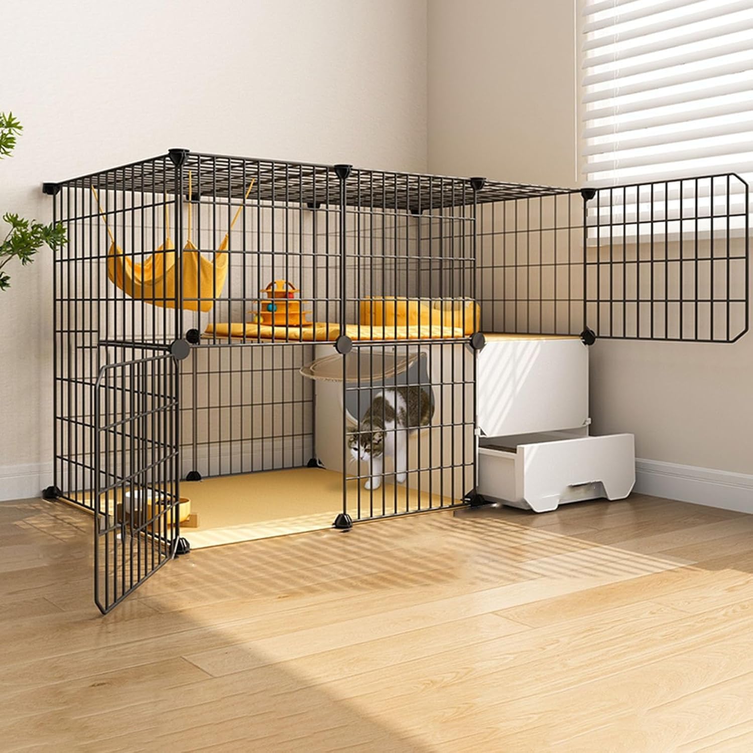 Cage pour chat d'intérieur avec bac à litière intégré et espace à plusieurs niveaux transparent