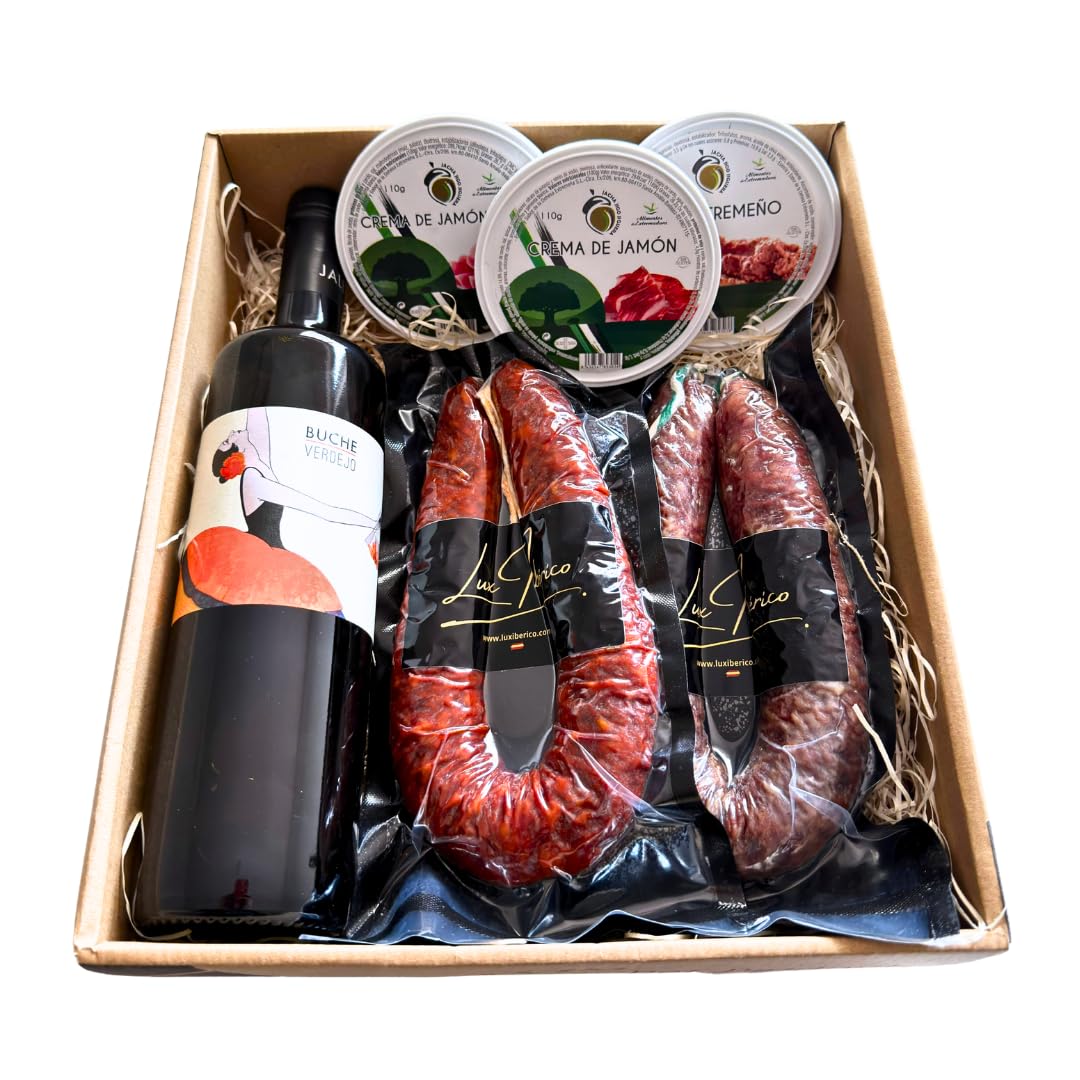 Cesta Gourmet Trajano - Vino Blanco Verdejo, Patés y Embutido | Vino blanco Verdejo, chorizo y salchichón ibérico y tres patés extremeños. Aperitivo con vino listo para regalar.