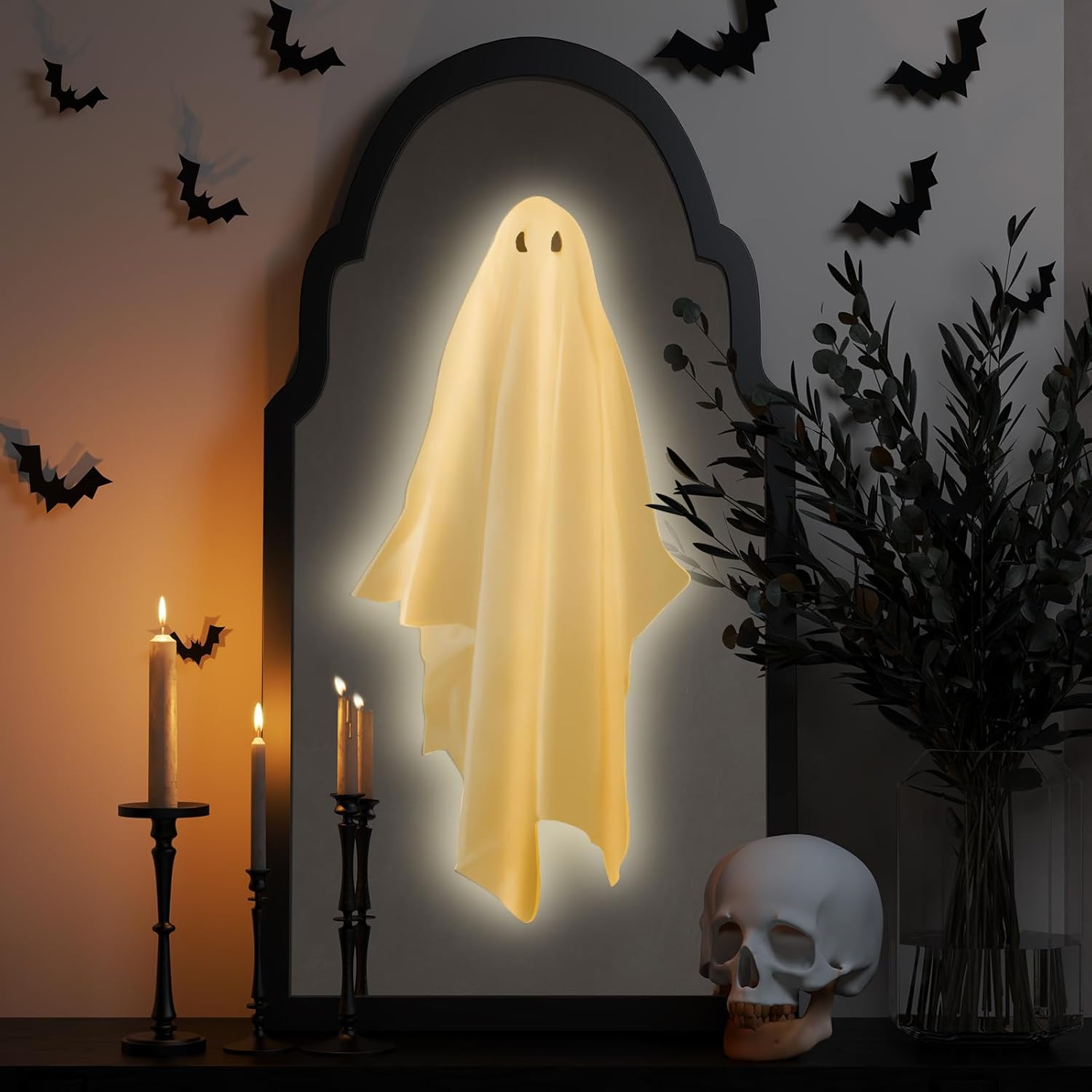 Ghost Mirror Hologram,LED Big Size Halloween Ghost Mirror,Halloween Decorations Indoor Outdoor,Scary Mirrors Wall Decor for Party Fireplace Bedroom,Horror Haunted House Props?20x9.5 inch? 20"L x 9.5"W