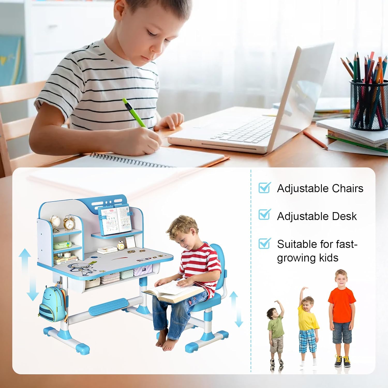 Kids Study Desk and Chair Set, Height Adjustable Kids Table and Chairs, Desk for Bedroom, Children School Study Writing Tables with Large Writing Board, Ideal Gifts for Boys Girls