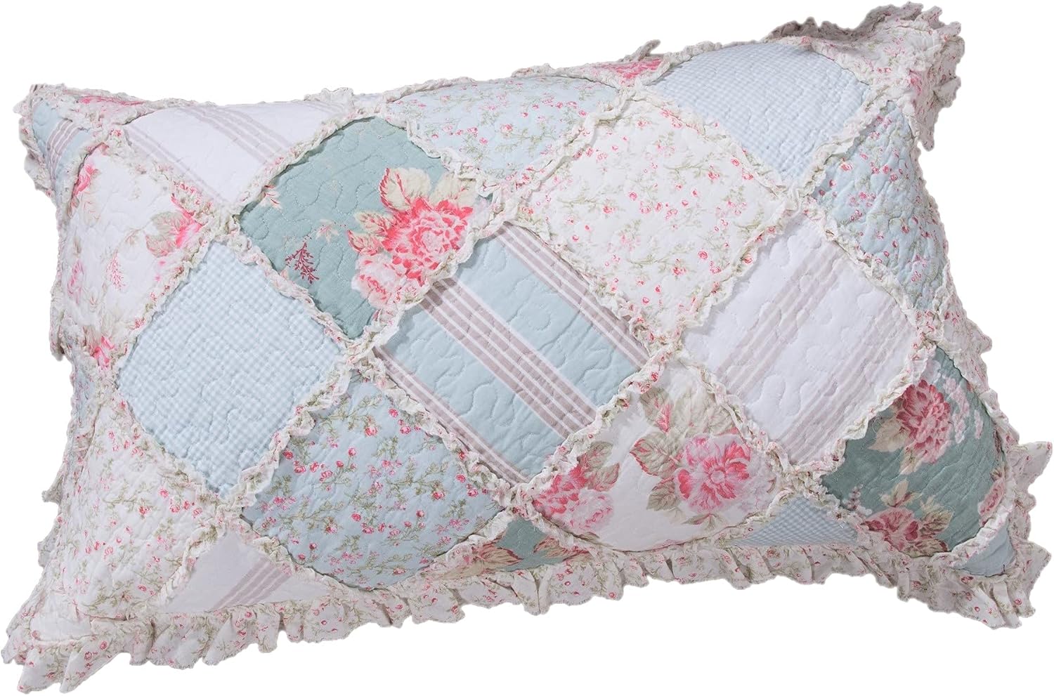 DaDa Bedding Blooming Floral Patchwork Pillow Sham - Hint of Mint Cotton Country Cottage Chic - Dainty Ruffles Pastel Light Blue/Green - King Size 20" x 36" 1-Piece