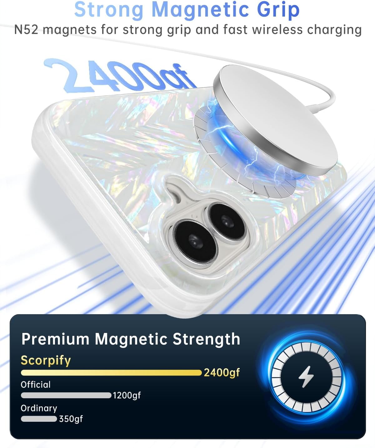 SCORPIFY for iPhone 16 Case [Compatible with MagSafe] with Colorful Pearl Aurora Spine Design, Cute Clear Magnetic Phone Cover for Women Girls and Men, Bumper with Mother of Pearl Shell Pattern - Image 4