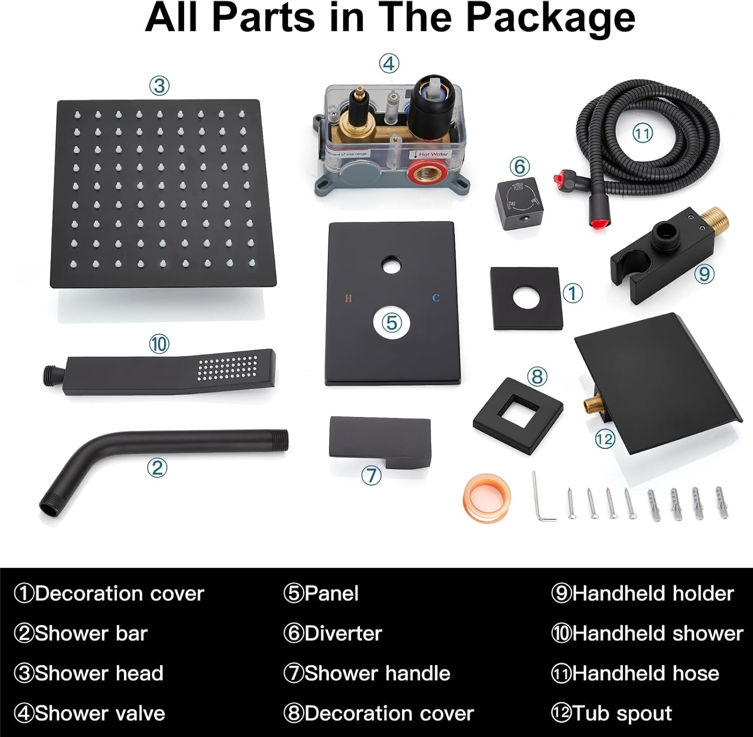 Midanya Shower System with Tub Spout,Bathtub Shower Faucet Set with Square Rainfall Head and Handheld Sprayer Wall Mount Tub Faucet Set with Valve and Trim Kit,8 Inch Matte Black - Image 9