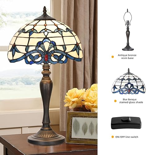 Miniatura 4 de TL0003 Tiffany - Lámpara de mesa de mesita de noche, lámpara de escritorio barroca azul de lectura de 12 x 21.5 pulgadas para dormitorio, sala de