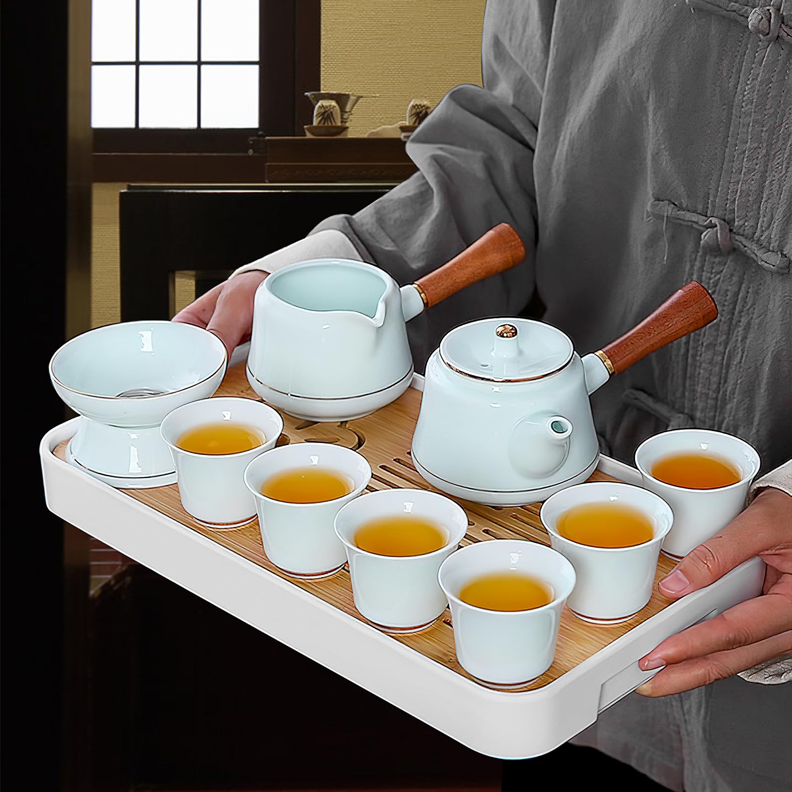 Japanisches Teeservice für 6, Tragbares Chinesisches Gongfu-Teeset 14 Stück Porzellan Teekanne Set Gongfu Teeservice inklusive Teetablett und Sieb für zu Hause,als Geschenk,Büro