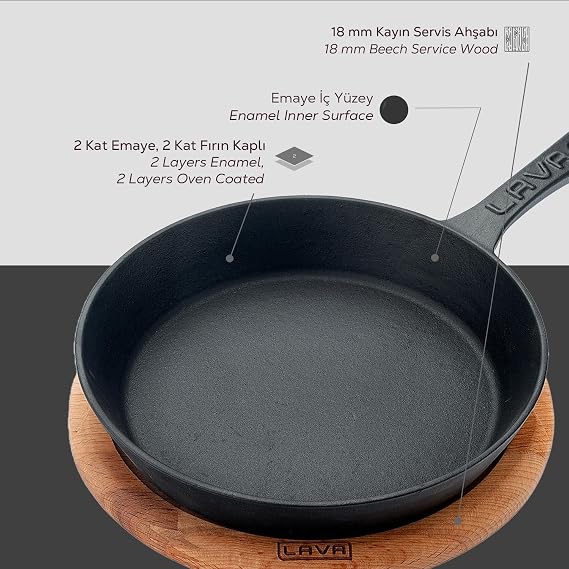 Cast Iron Frying Pan with Lava Wood Handle, Round, Suitable for All Stoves Including Induction