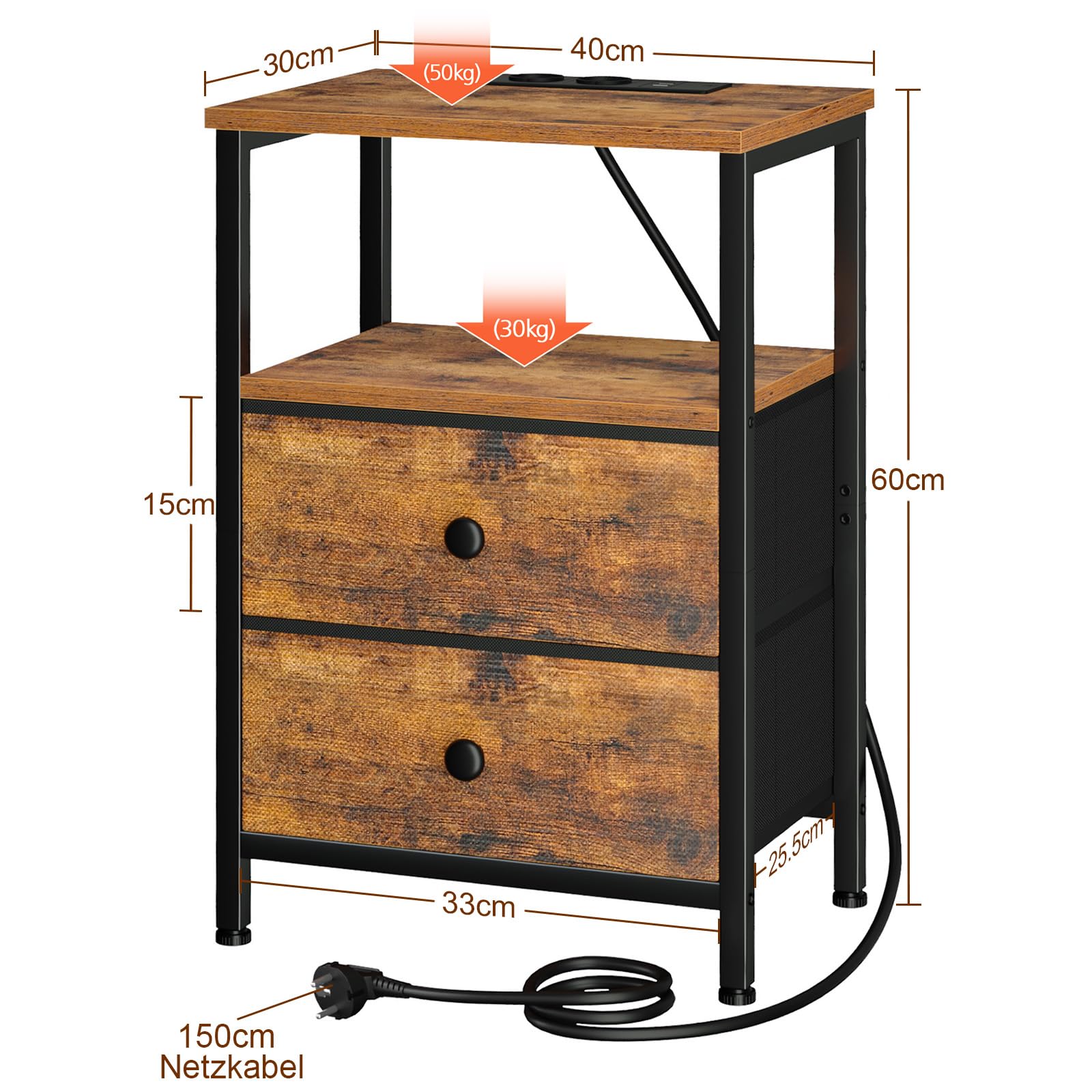 AMHANCIBLE Nachttisch mit Ladefunktion, Beistelltisch mit Stoffschubladen, Sofatisch mit offenem Regal, mit 2USB-Anschlüssen & 2 Steckdosen, Nachtschrank für Schlafzimmer, Wohnzimmer, Braun ETS020BR-1