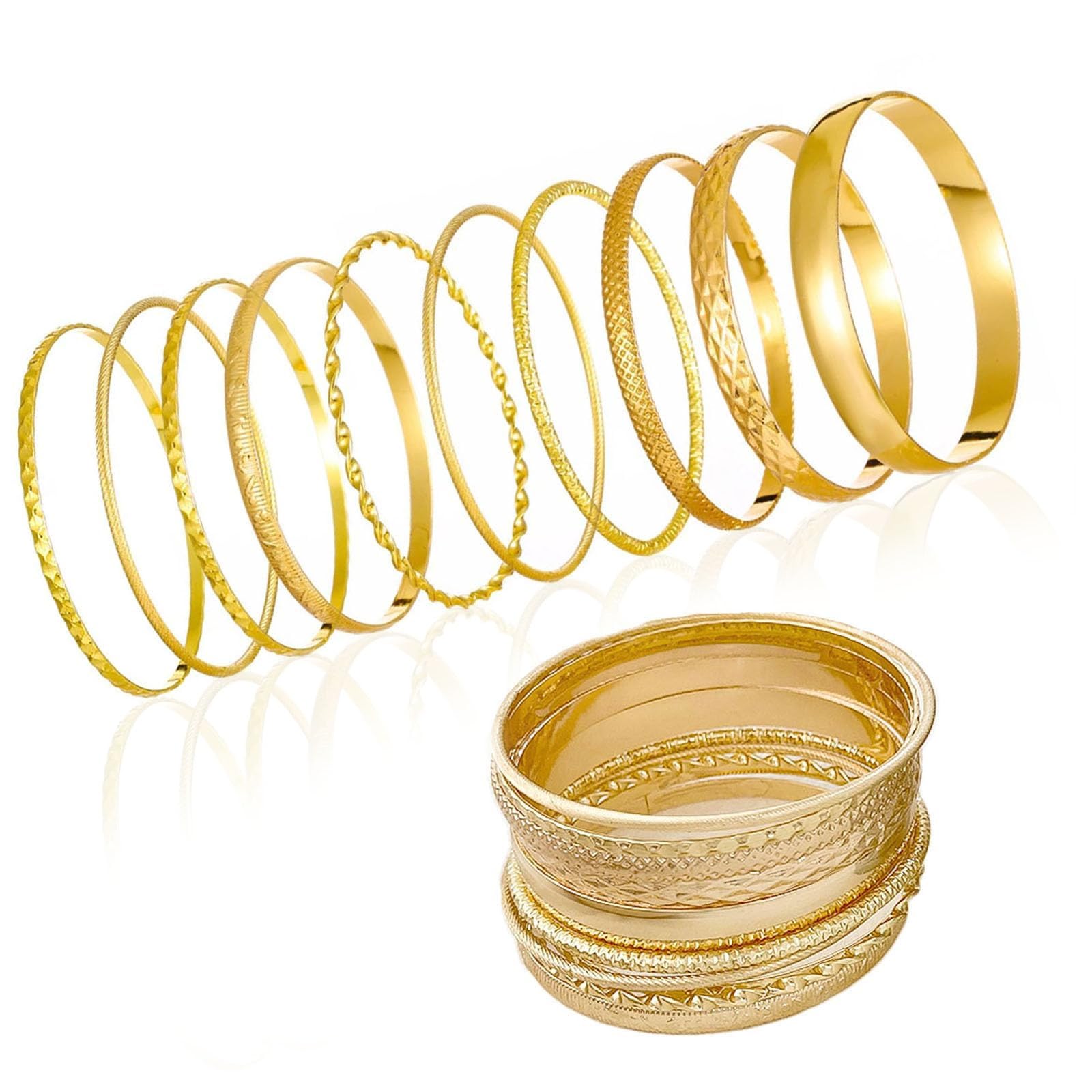 Feegela Pulsera de Oro Brazalete Conjunto para las Mujeres, Multi Apilamiento Ancho Brazaletes, Brazalete Dorado para Mujeres, Textura Brillante Boda Traje de Joyería, 10 Piezas