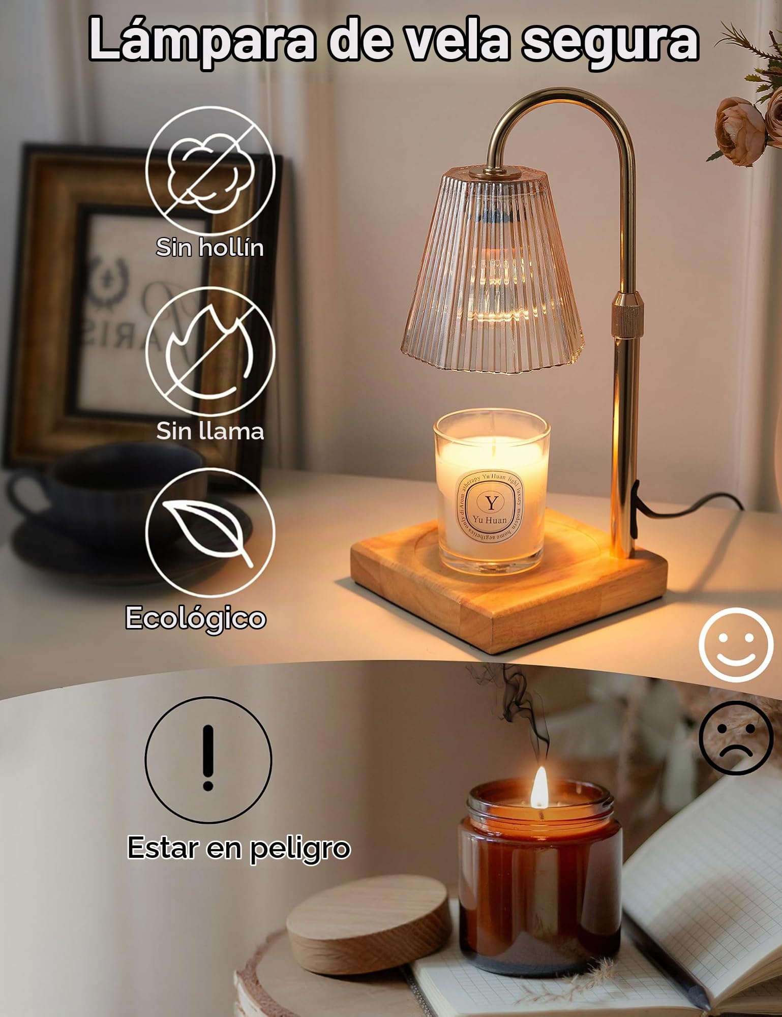 Lámpara calentadora de Velas con Temporizador, Calentador Regulable para Velas en Frasco, Calentador de Cera de Altura Ajustable con 2 Bombillas