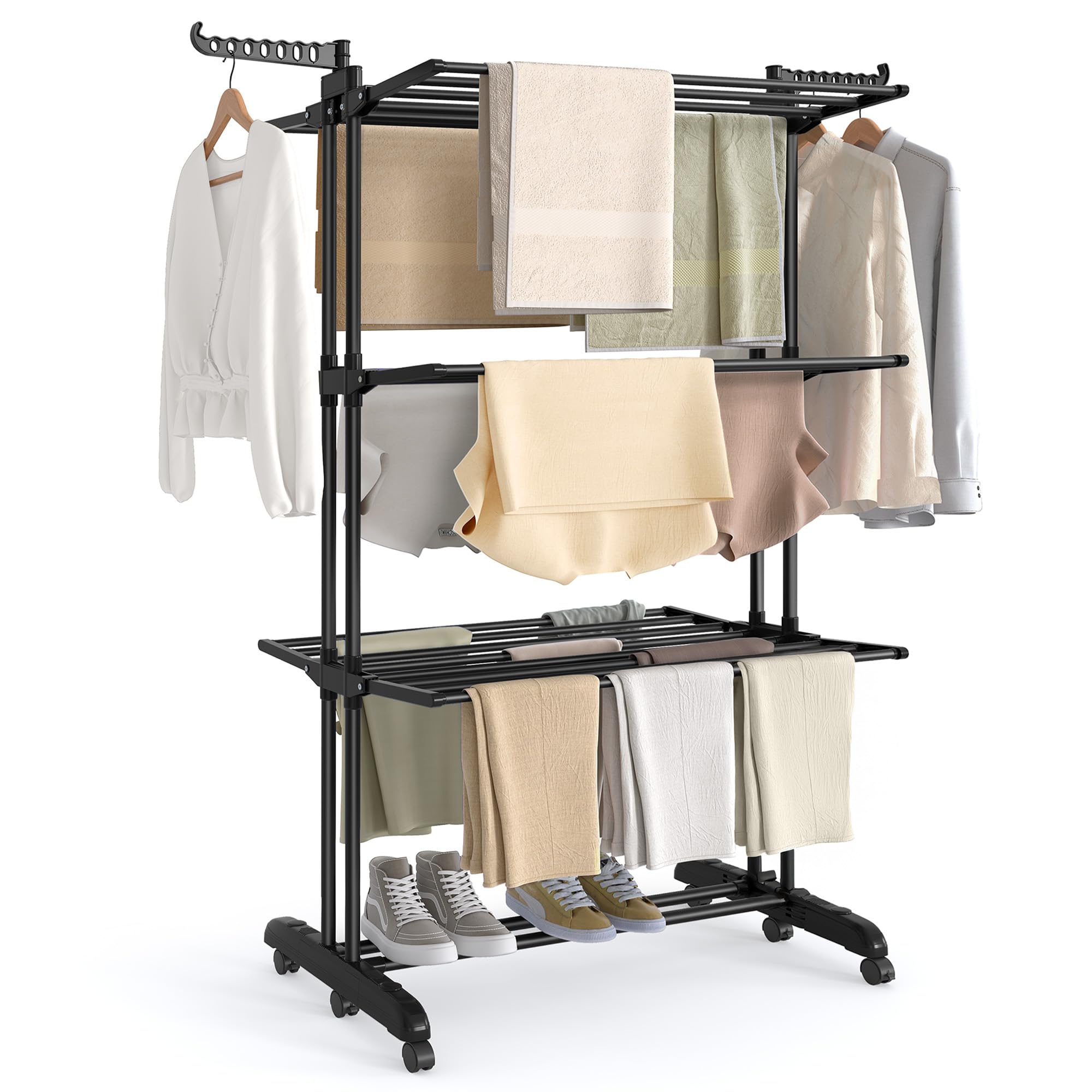 SONGMICS Large Clothes Airer, Foldable Clothes Drying Rack Horse 4-Tier, Moveable, 63.5 x 125.5 x 173 cm, Stainess Steel, Folding Wings, Indoor Outdoor Use, Ink Black LLR703BZ02