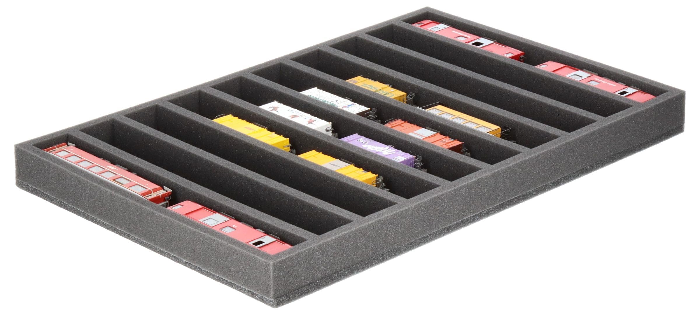 Feldherr Wkładka piankowa do modelowania kolejowego - schody H0m - 10 poziomych przegródek do przechowywania lokomotyw, wagonów i pojazdów - 570 x 370 x 45 mm - JV045A001