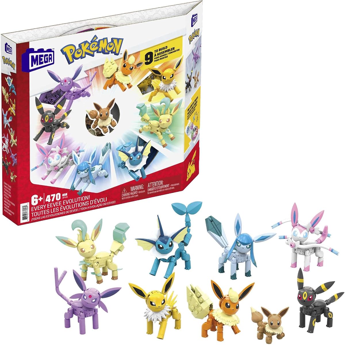 MEGA Pokémon Juego de juguetes de construcción Cada evolución de Eevee con 470 piezas, 9 personajes articulados, para niños