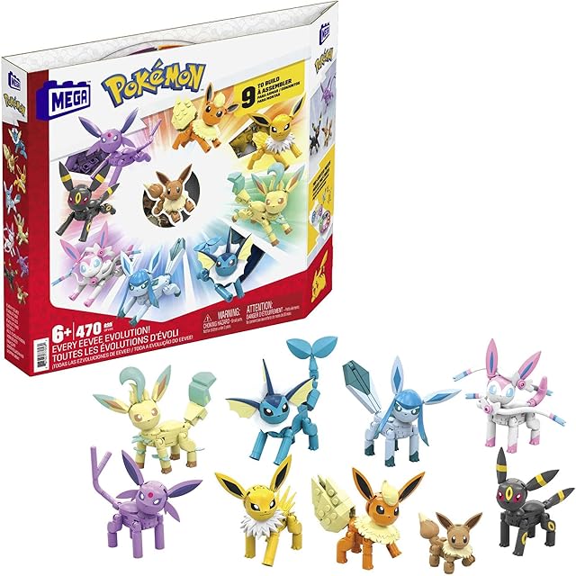 MEGA Pokémon Wszystkie ewolucje Eevee, zestaw konstrukcyjny z figurkami Vaporeon, Jolteon, Flareon, Espeon, Umbreon, Leafeon, Glaceon, Sylveon, 470 elementów, dla dzieci od 6 roku życia, GFV85