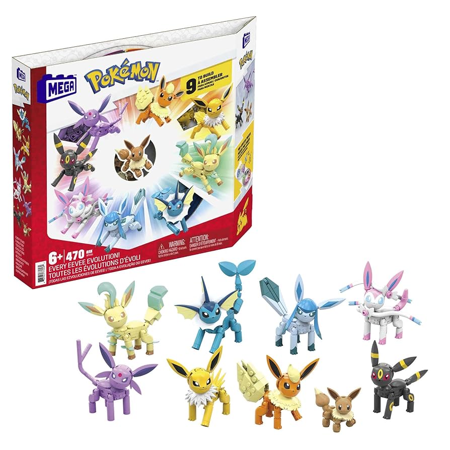 Amazon.com: MEGA Pokémon Building Toys Set Every Eevee Evolution with 470 Pieces, 9 Poseable Characters, for Kids : Toys & Games
