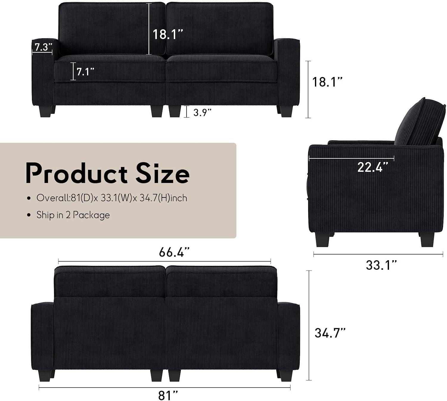Bonzy Home 2 Pieces Couch Set, 3-Seater Couch and Loveseat Sets, Modern Corduroy Sofa with Thickened Cushion and USB Type C Dual Charging Ports for Living Room, Black