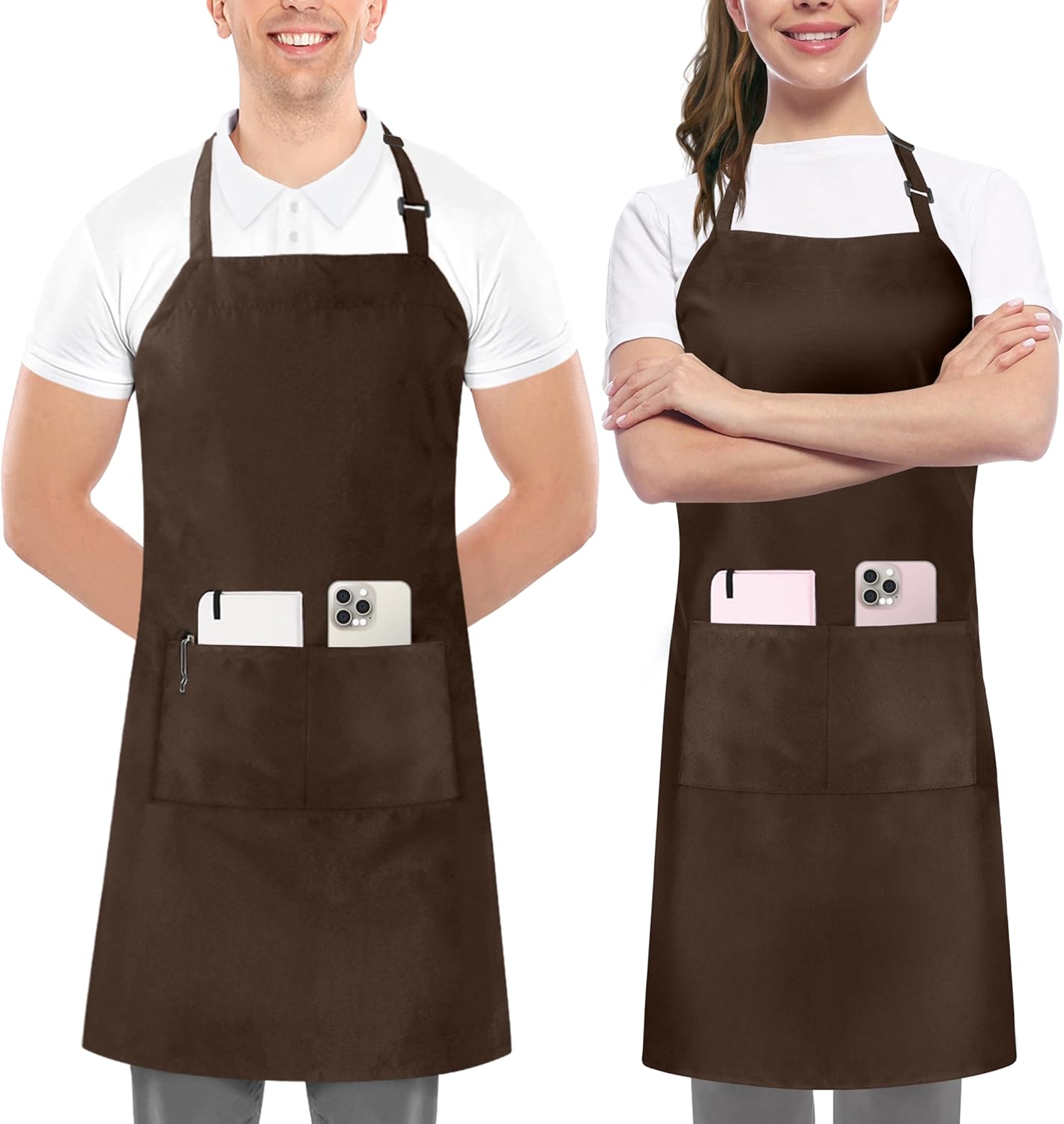 Brown Polyester Adjustable Bib Aprons with Pockets, Set of 2