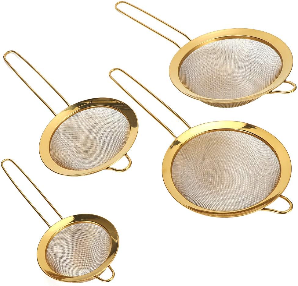4Pcs Stainless Steel Flour Sieve Sifter, Fine Mesh Strainer for Kitchen, Flour Filter with Mirror Edge for Baking Juices Sauces Oil and Fruit Puree