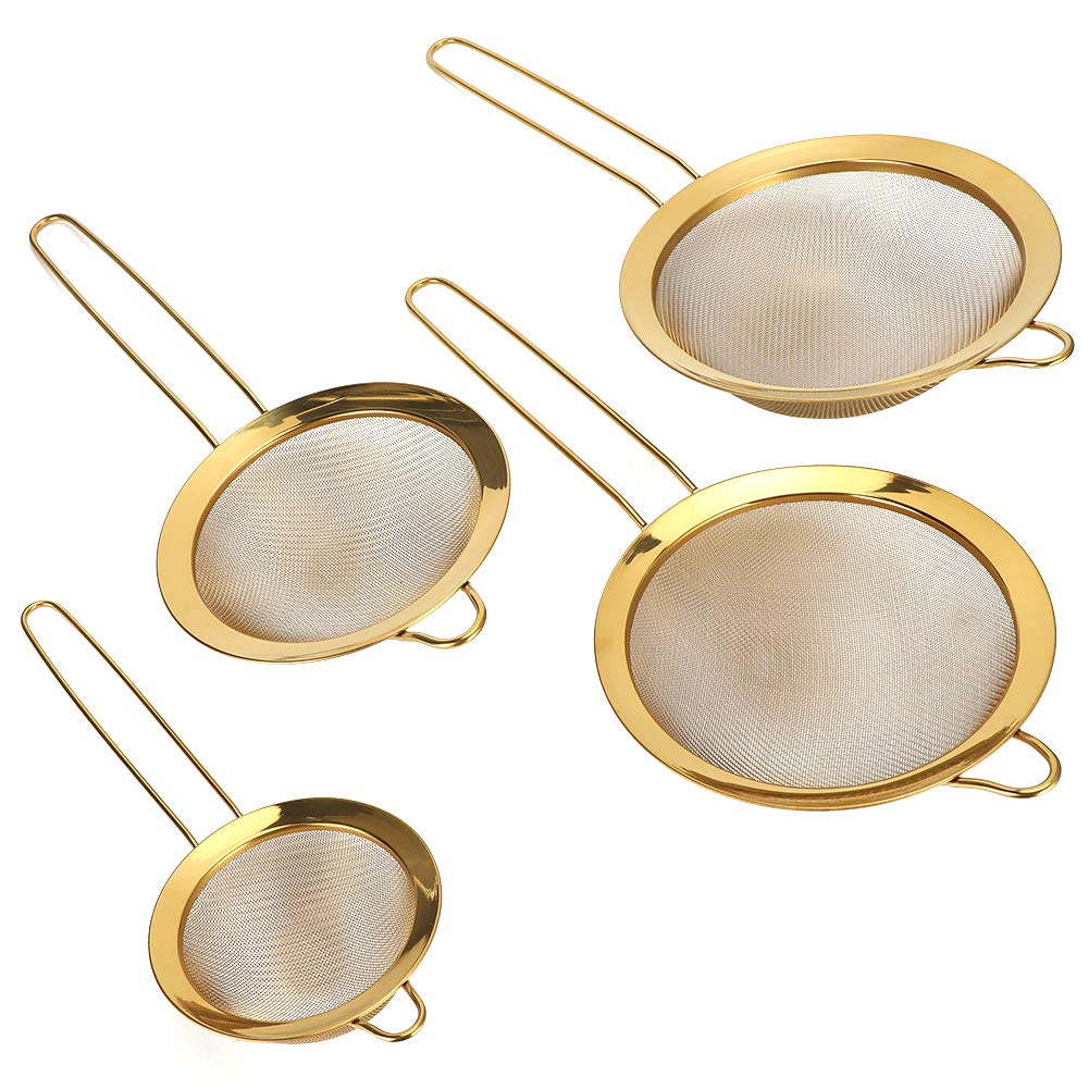 Sito do mąki Zestaw sitek ze stali nierdzewnej o drobnych oczkach do pieczenia w kuchni Gotowanie Przesiewanie mąki Cukier w proszku Filtrowanie soków 4 sztuki Titanize Gold 10cm