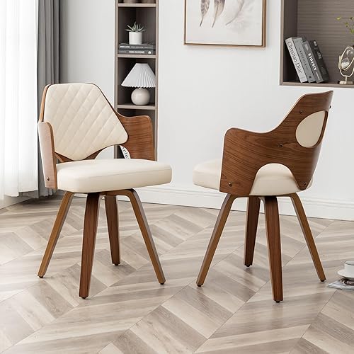 Miniatura 3 de AQG Dining Chairs Set of 2, Swivel Chairs with Walnut Craftsmanship, Upholstered Faux Leather, Mid Century Modern Dining Chairs for Kitchen/Living