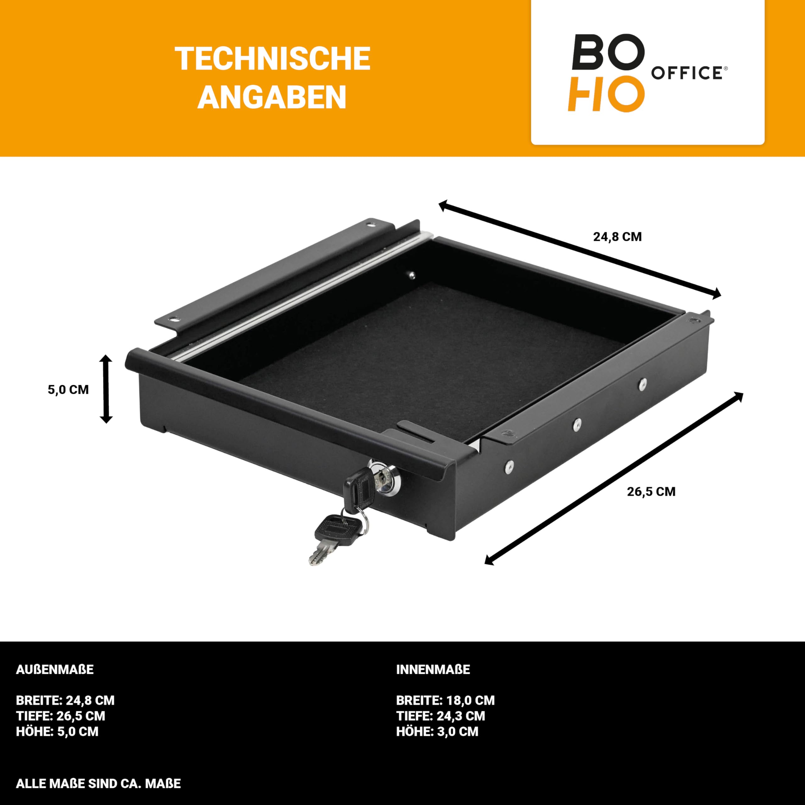 boho office® Schreibtisch Schublade schwarz – abschließbar mit Schloss, inkl. Organizer & Filz, Untertisch-Schublade für Büro & Home-Office, Breite 24,8 cm