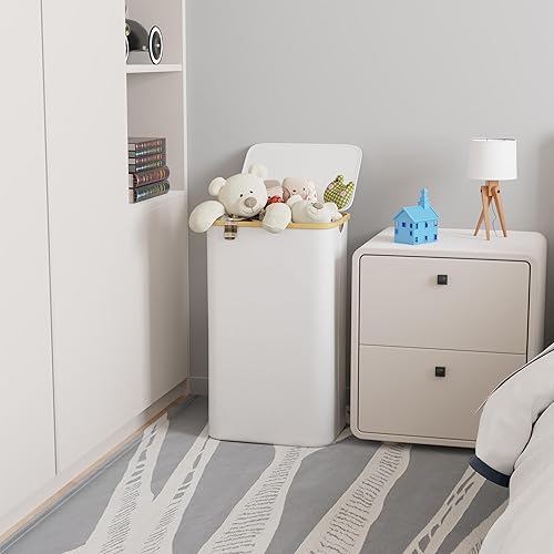 Miniatura 2 de SUOCO Cesta de lavandería con tapa, cesta de ropa de 29 galones (110 litros) con asas de bambú, cesta grande plegable para la ropa sucia para