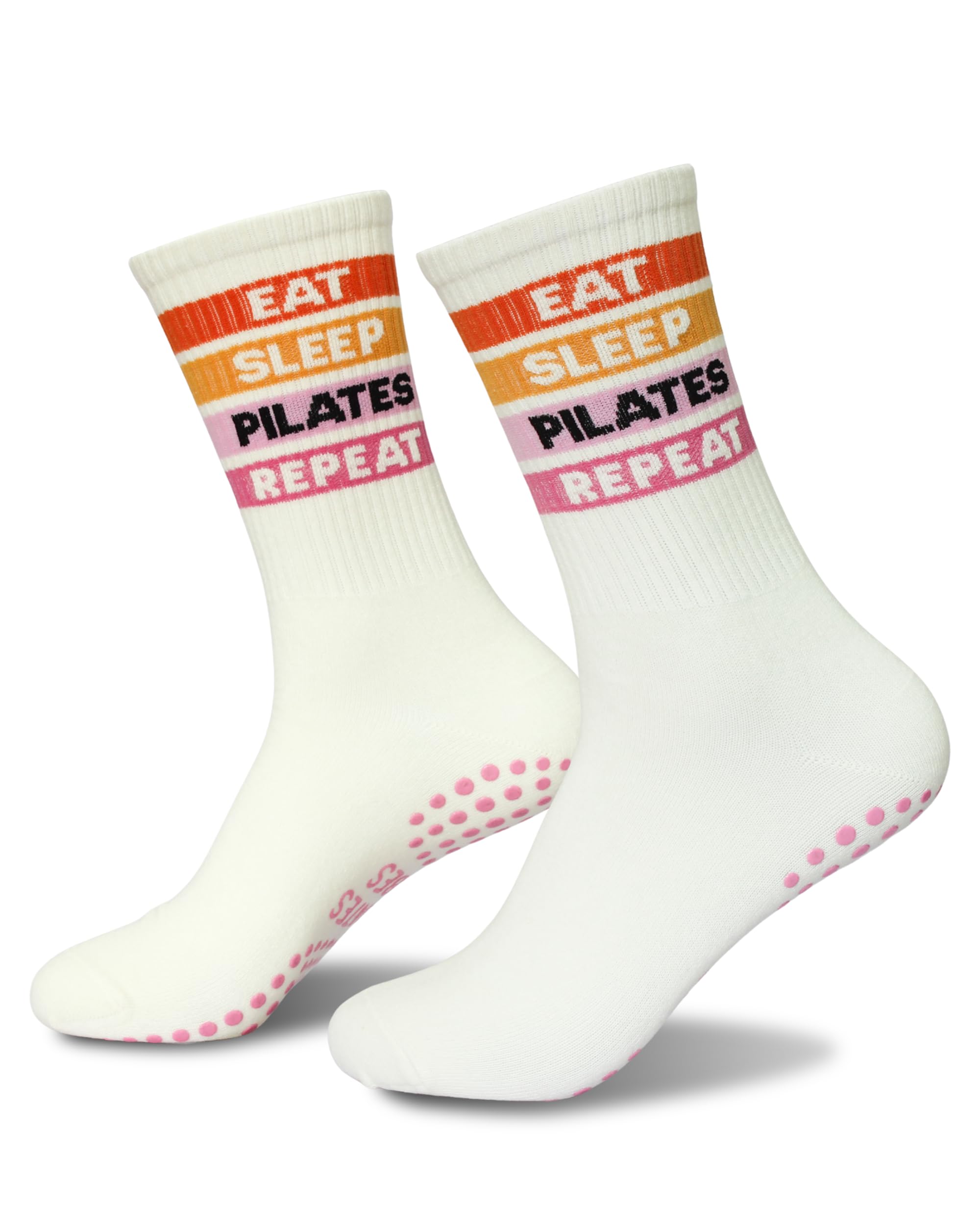 Cute Pilates Socks - Eat Sleep Pilates Repeat Sign Best Studio Gifts for Women and Girls - Beige Crew Grip Socks for Reformer Workout and Daily Pilate Life(183)