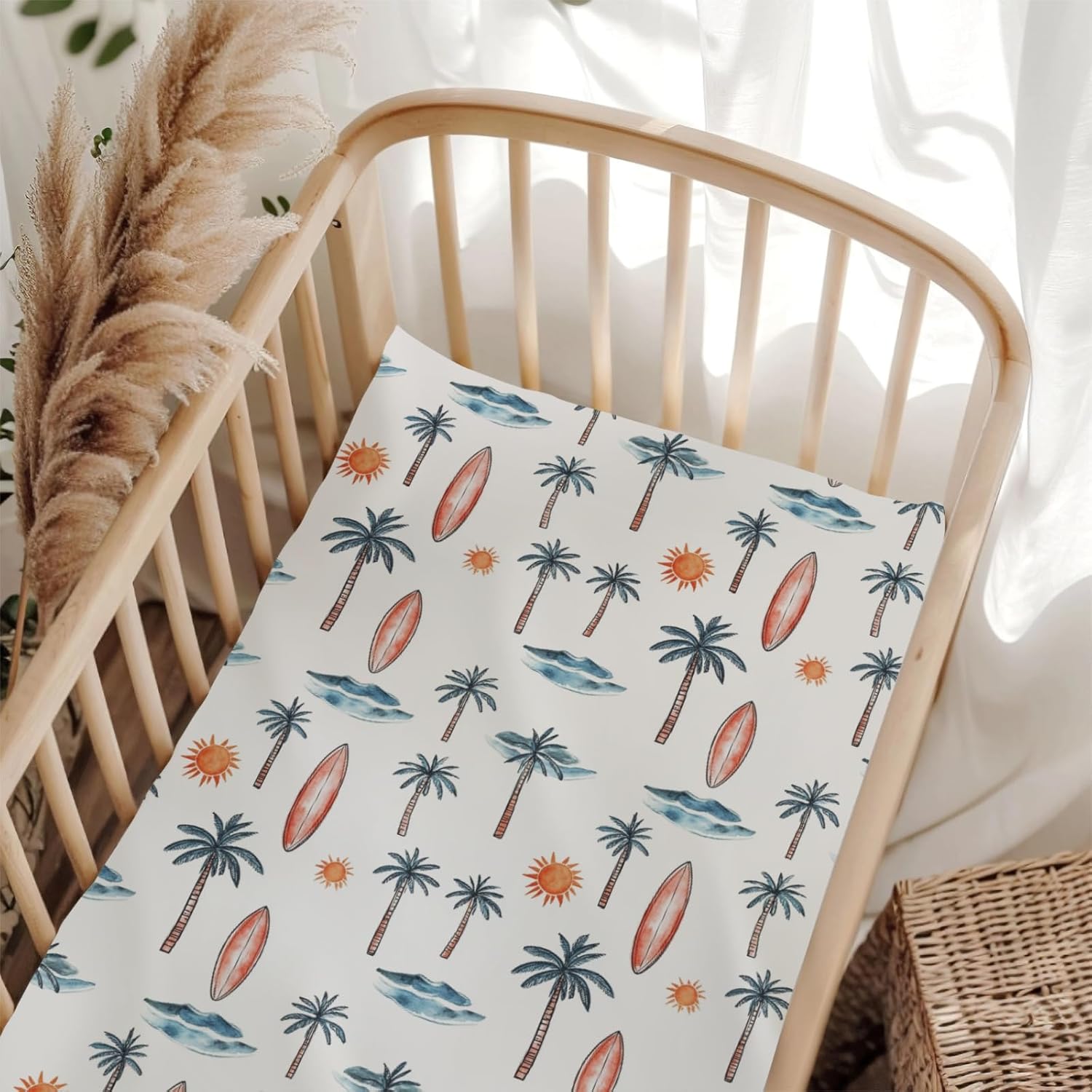 Vintage Summer Surfboard Palm Trees Baby Crib Sheets for Boy Girl 28x52 Inch Retro Boho Sun Sea Waves Bed Sheet for Standard Crib and Toddler Bed Hawaii Holiday Crib Mattress Beach One Size