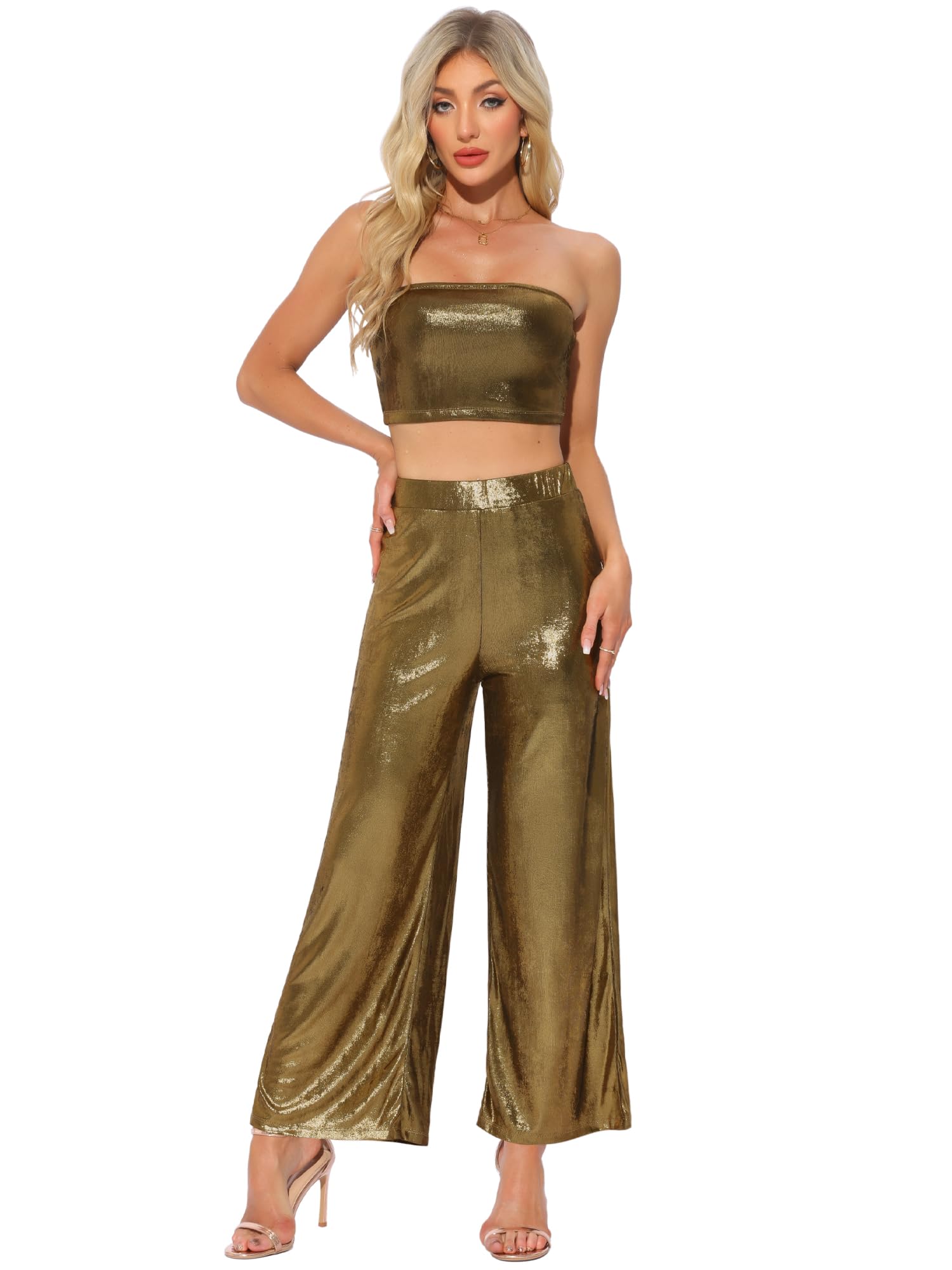 Allegra K Sparkly 2 Piece Sets for Women's Metallic Party Club Flare Pants Cropped Tops Outfits