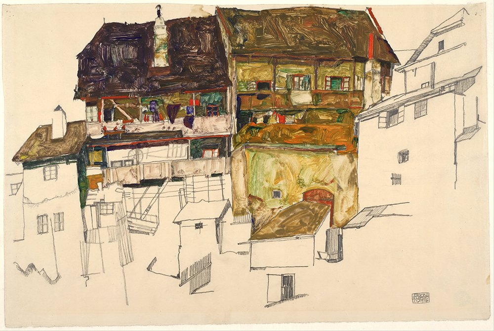 Egon Schiele Old Houses in Krumau poster géant encadré pour grand salon