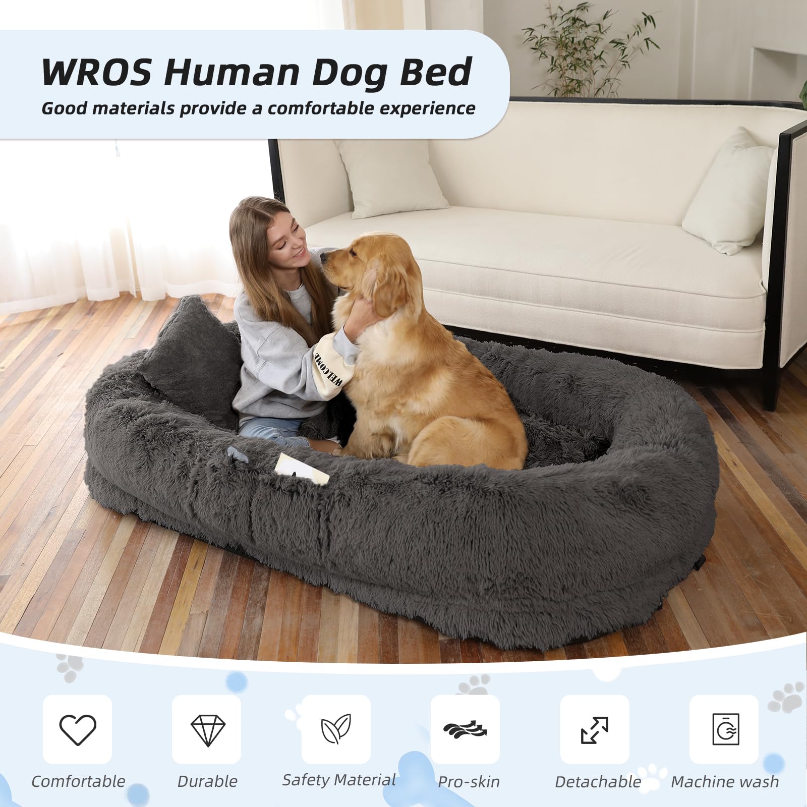 Human Dog Bed, 71''x45''x12'' Size Fits You and Pets, Washable Faux Fur Pet Bed for People Doze Off, Napping Orthopedic Dog Bed, Present Plump Pillow, Blanket, Strap - Pink: 71.0"L x 45.0"W x 12.0"Th Dark Grey