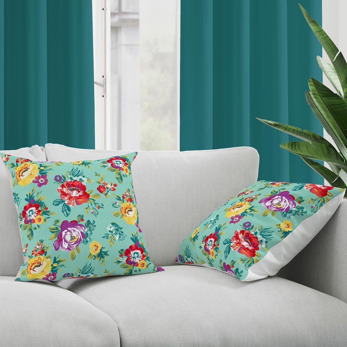 Tiny Break Cotton Decorative Throw Pillow Case, Ranunculus Disparate Floral Printed Cushion Covers Set of 2 (16 x 16 Inch, Multi)