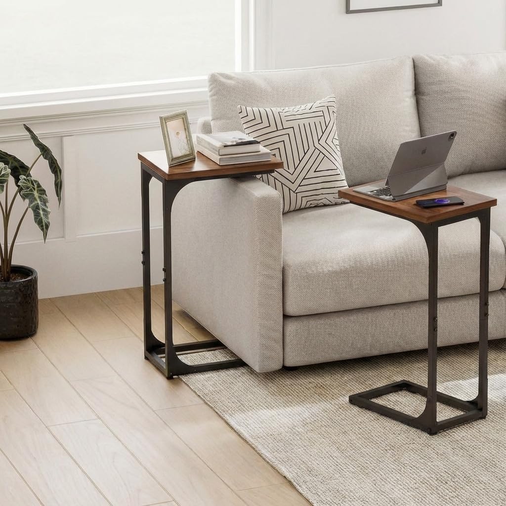 TEMI C Shaped End Table for Couch - Small Side Table and TV Tray for Eating or Laptop, Accent Desk for Chair or Sofa, Easy Assembly, Space-Saving Design for Living Room or Bedroom,Rustic Walnut