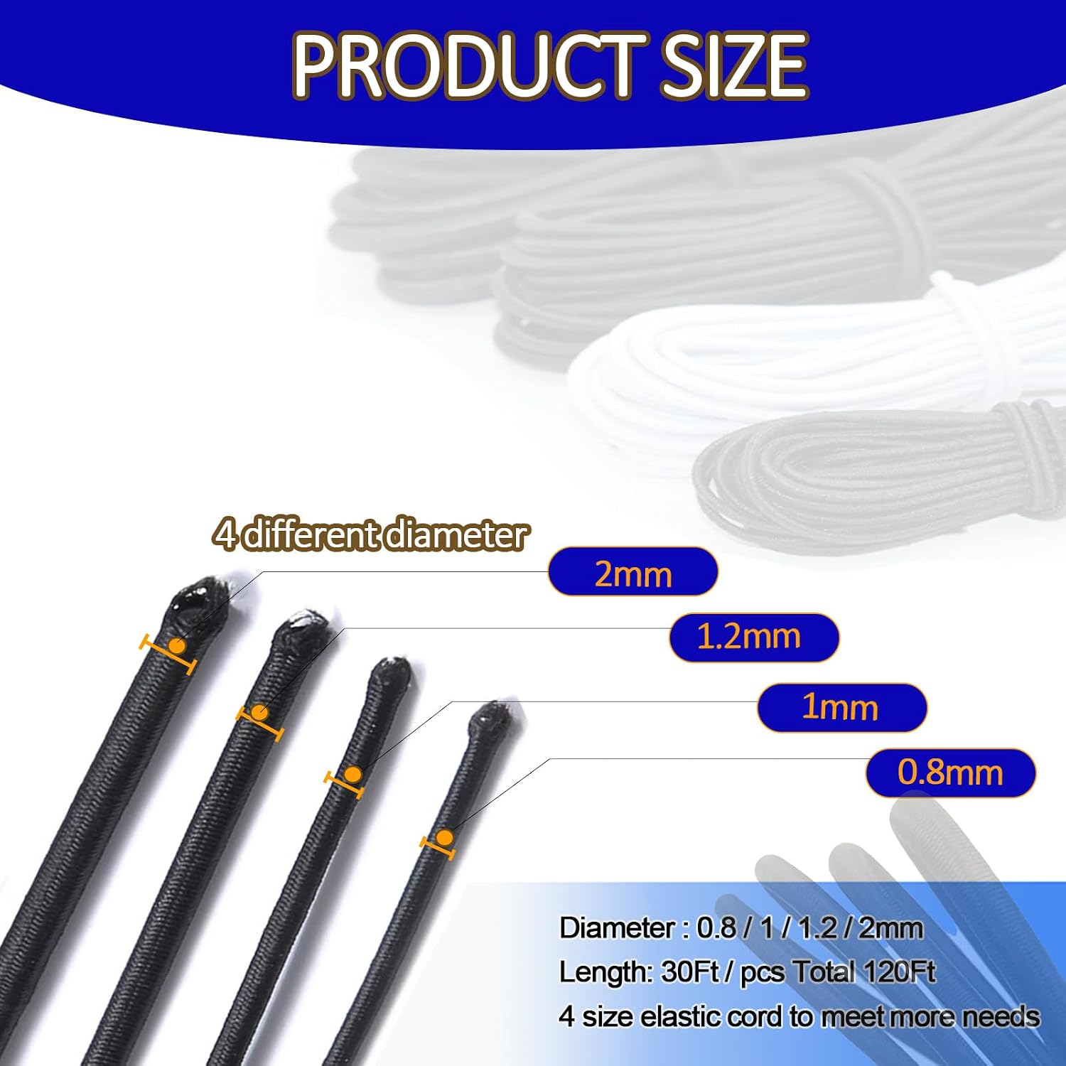 4 Pcs Elastic Bracelet String，Width 0.8/1/1.2/2mm, Length 30 ft/pc Total 120 ft, Versatile Sturdy Elastic Cord String for Beading, Sewing, Necklace, Jewelry Making & Crafts (White-4pcs)