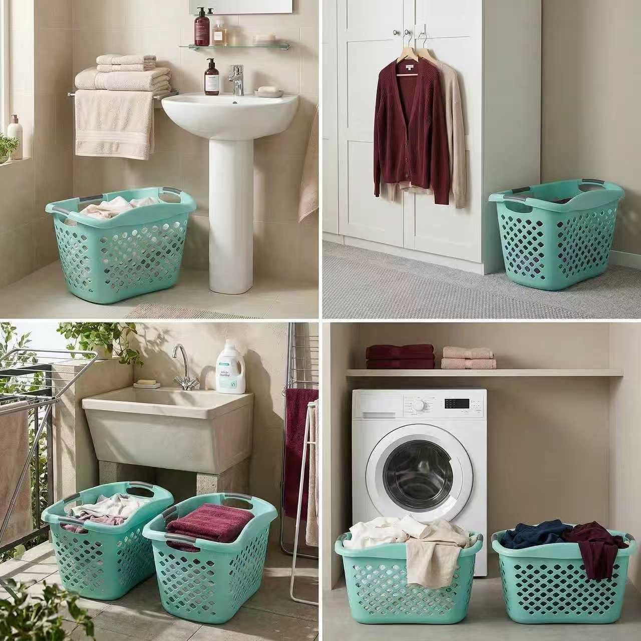 (2 Pack) 1.8 Bushel Hip Hugger Laundry Basket, Teal Flexible Plastic Hamper - Easy 1-Hand Carry(Home/Laundry Room)