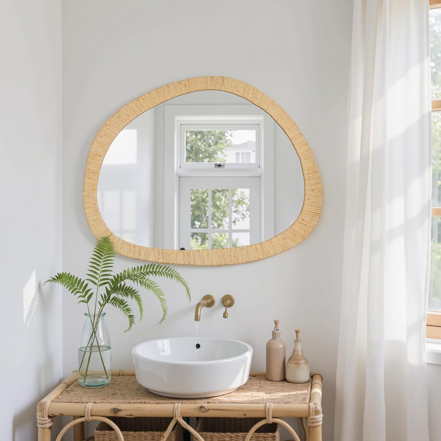sawsile Rattan Mirror,31.5x25.2 Irregular Boho Bathroom Rattan Farmhouse Wicker Asymmetrical Wood Wall Mirror for Nursery,Bathroom,Living Room,Washroom