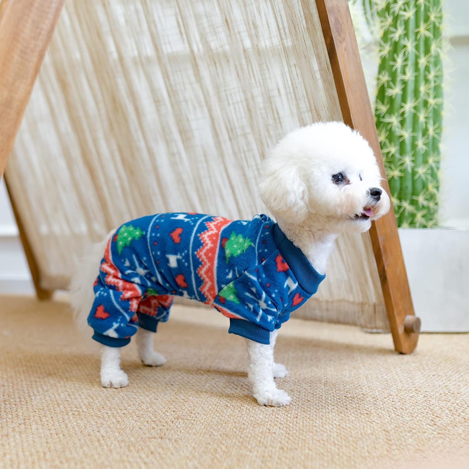 Dog Christmas Pajamas -Christmas Tree & Snow Flake Printed Pattern - Pet Constume Wear Fleece Pajamas for Cold Winter