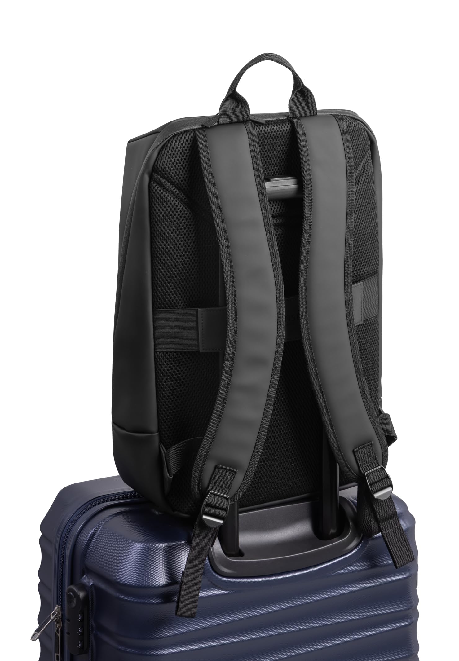 Commuter Rucksack mit durchdachtem Innenleben - wasserdicht aus recyceltem Material, mit Laptop-Fach (15,4") und Trolley-Fix Unisex Business Laptop-Rucksack elegant schwarz