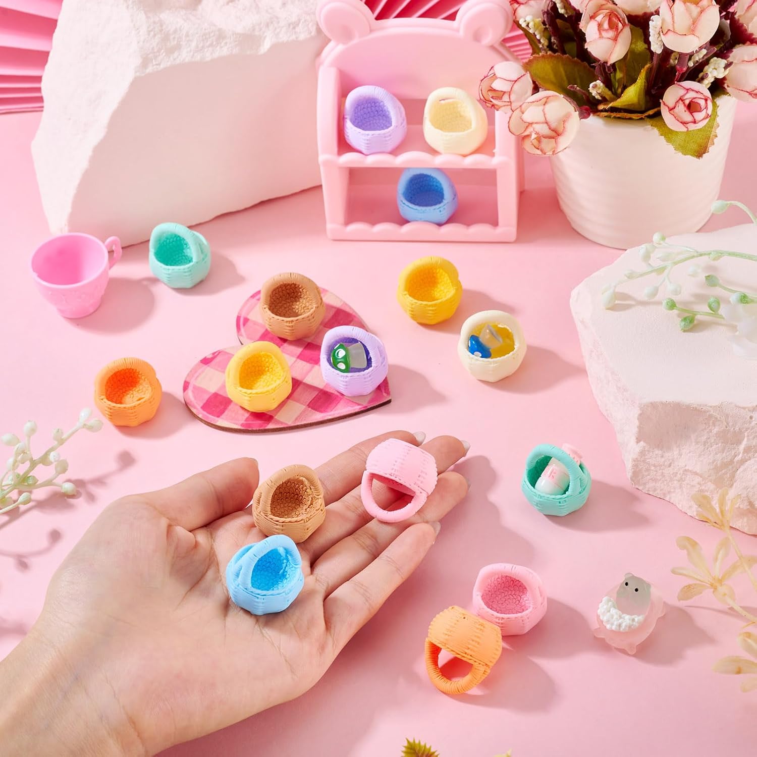 Cheriswelry 16pcs Flower Basket Miniature Ornaments Micro Landscape Home Dollhouse Miniature Flower Baskets for Easter Wedding Party Favors Food Bread Rattan Basket 25x26 mm image 5
