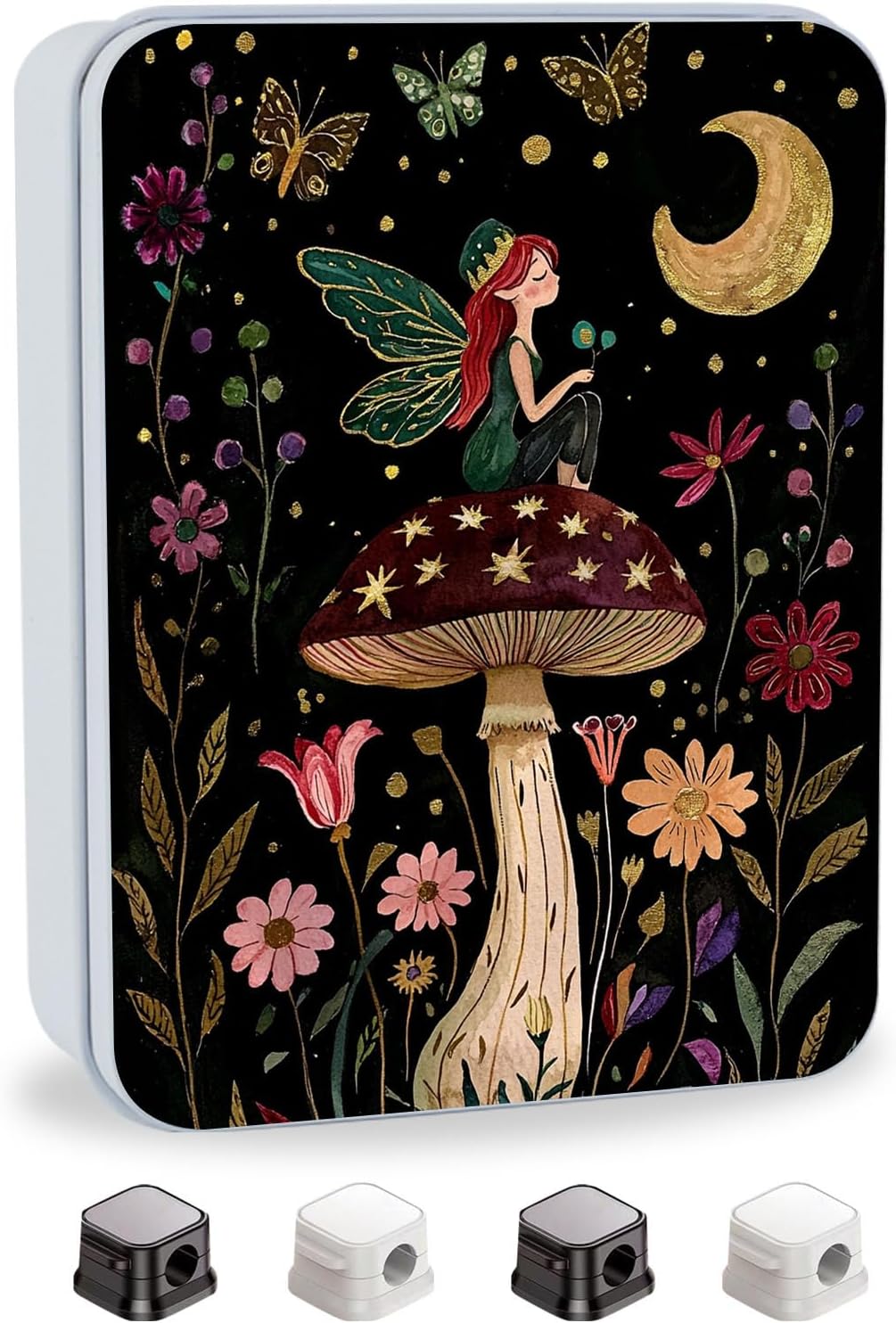 Metal Tin Box with Lid,Multi-functional Storage Box Can Store Tea Biscuits Game Cards, Playing & Tarot Cards-Comes with 4 Magnetic Cord Clips,Mushroom Fairy - Amazon product rated Grade B