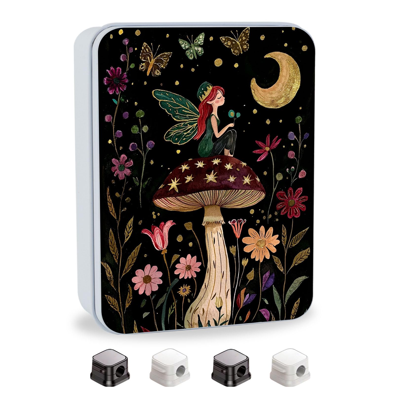 Metal Tin Box with Lid,Multi-functional Storage Box Can Store Tea Biscuits Game Cards, Playing &amp; Tarot Cards-Comes with 4 Magnetic Cord Clips,Mushroom Fairy