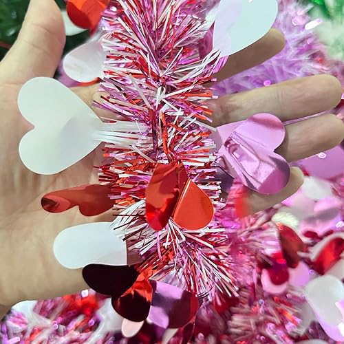 Miniatura 5 de Dzrige Guirnalda metálica de oropel de corazón de 13.12 pies para el día de San Valentín, guirnalda giratoria de oropel metálico con purpurina,