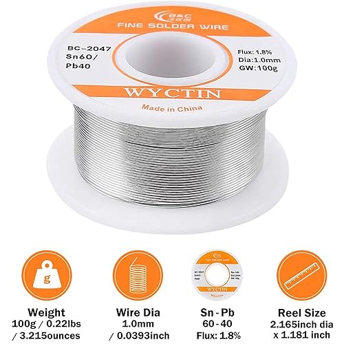 Miniatura 2 de WYCTIN Alambre de soldadura de plomo de estaño 60-40 con núcleo de resina para soldadura de bricolaje 0.039 in 3.53 oz