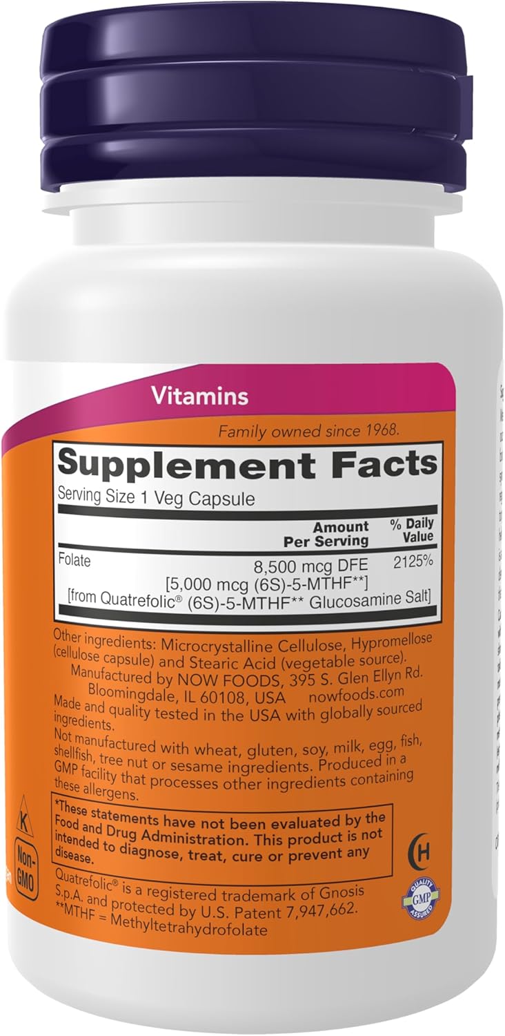 NOW Foods Supplements, Methyl Folate 5000 mcg, Superior Bioavailability, 50 Veg Capsules - Image 2